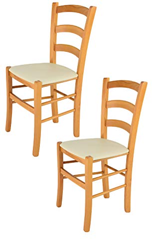 Tommychairs - Set 2 sillas Venice para Cocina y Comedor, Estructura en Madera de Haya Color Miel y Asiento tapizado en Polipiel Color Marfil