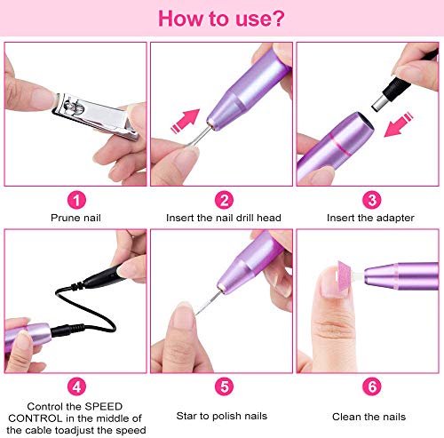 Torno para Uñas, Lima de Uñas Profesionales con Set de 11 Tipos de Brocas de Pulido Pedicura, Lima Electrica Uñas de Vlocidad Ajustable para Manicura Pedicura(púrpura)