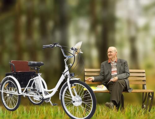 Triciclo eléctrico para Adultos de 24 Pulgadas con Asiento 36V12AH Canasta de Triciclo para Ancianos híbrido de 3 Ruedas con Ruedas y Varilla de Empuje Regalo para Que los Padres(White 36v12ah)