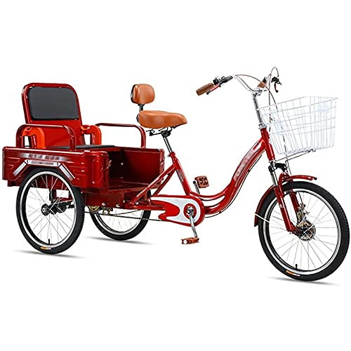 Triciclo Tricycle Bicicletas De 3 Ruedas Triciclo Para Adultos Bicicletas De Tres Ruedas Asiento Cómodo, Frenos Delanteros Y Traseros Doble Frenos, Bicicletas De Montaña Para H(Size:20Inch,Color:rojo)