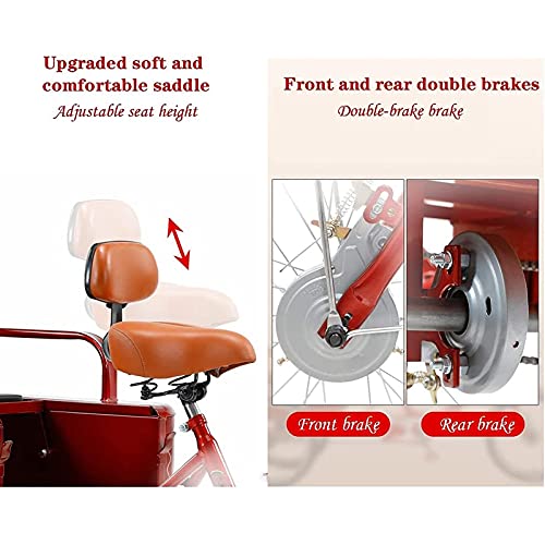 Triciclo Tricycle Bicicletas De 3 Ruedas Triciclo Para Adultos Bicicletas De Tres Ruedas Asiento Cómodo, Frenos Delanteros Y Traseros Doble Frenos, Bicicletas De Montaña Para H(Size:20Inch,Color:rojo)