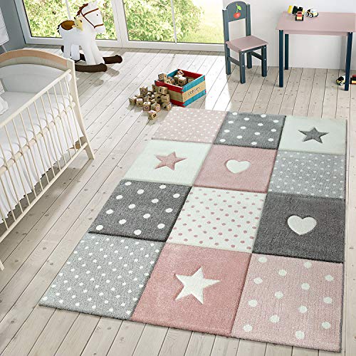 TT Home Alfombra Infantil De Juego Cuadros Puntos Estrella Luna Pastel Rosa Blanco Gris, Tamaño:140x200 cm