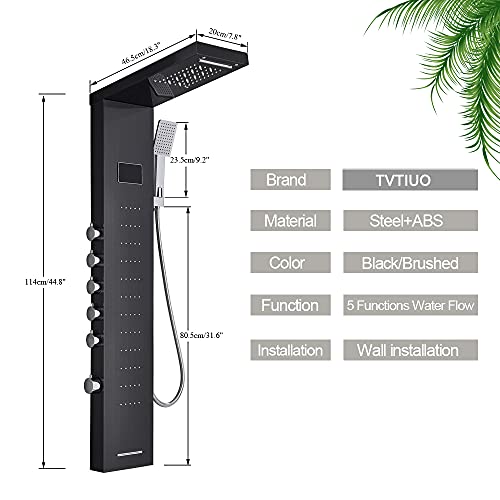 TVTIUO LED Panel de Ducha Columna de Hidromasaje Ducha,con ducha de mano,Boquillas de Masaje,Grifo de bañera,LCD Multifunción Sistema de Ducha,Negro
