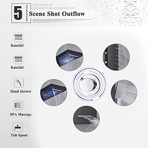 TVTIUO LED Panel de Ducha Columna de Hidromasaje Ducha,con ducha de mano,Boquillas de Masaje,Grifo de bañera,LCD Multifunción Sistema de Ducha,Negro