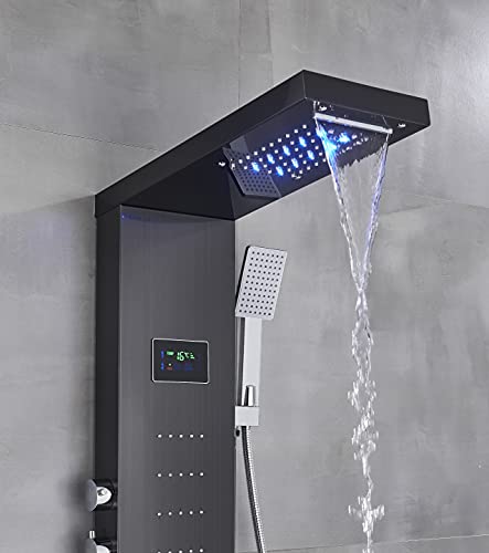 TVTIUO LED Panel de Ducha Columna de Hidromasaje Ducha,con ducha de mano,Boquillas de Masaje,Grifo de bañera,LCD Multifunción Sistema de Ducha,Negro