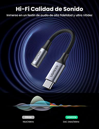 UGREEN Adaptador USB C a Jack 3.5mm, DAC Chip Adaptador Auriculares Tipo C Compatible con iPad Pro, Galaxy S21/S20/S10/Note 20/Tab S7, Oneplus Nord/8/7T, Xiaomi Mi 11/10/9, Huawei P40/P30 Pro, Plata