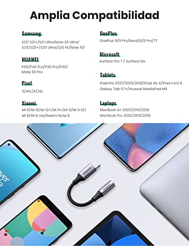 UGREEN Adaptador USB C a Jack 3.5mm, DAC Chip Adaptador Auriculares Tipo C Compatible con iPad Pro, Galaxy S21/S20/S10/Note 20/Tab S7, Oneplus Nord/8/7T, Xiaomi Mi 11/10/9, Huawei P40/P30 Pro, Plata
