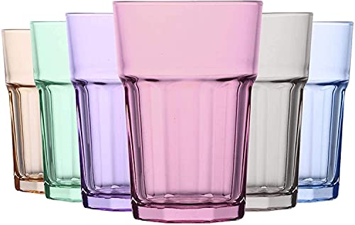 UNISHOP Set de 6 Vasos de Colores Pastel, Vasos de Cristal Multicolor Altos de 365ml, Aptos para Lavavajillas