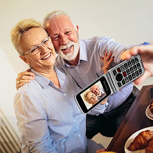 USHINING 3G Teléfono Móvil para Personas Mayores, Teléfono Móvil con Teclas Grandes Base de Carga Botón de Emergencia SOS Doble SIM Radio FM Cámara Linterna - Negro