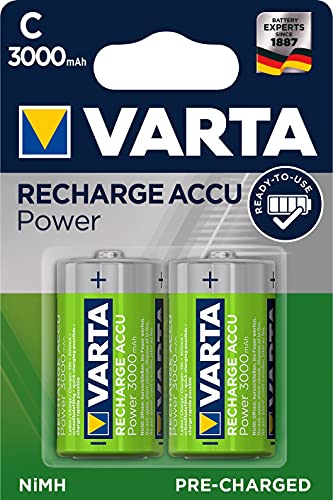 Varta Pila C Baby Rechargeable Accu Ready2Use (paquete de 2 unidades, 300 mAh), recargable sin efecto de memoria - Listo para usar