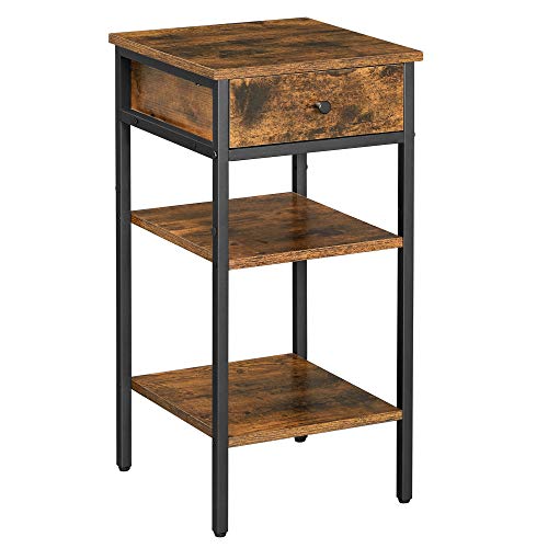 VASAGLE Mesita de Noche, Mesa Auxiliar, Mesa Lateral con cajón y 2 estantes de Almacenamiento, Estilo Industrial, Marrón Rústico y Negro LET502B01