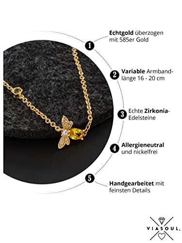 VIASOUL® Pulsera de abeja I Happy Honey Bee para mujer I pequeña abeja con panal I bañada en oro 585 I La pulsera original Happy-Bee