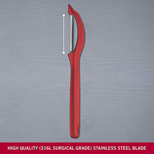 Victorinox Pelador universal con hoja oscilante, filo dentado y corte bidireccional, fabricado en acero inoxidable, apto para el lavavajillas y color rojo