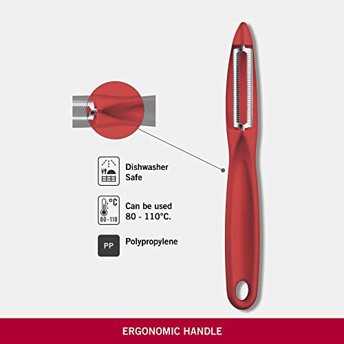 Victorinox Pelador universal con hoja oscilante, filo dentado y corte bidireccional, fabricado en acero inoxidable, apto para el lavavajillas y color rojo