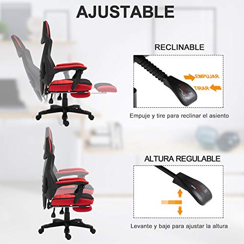 Vinsetto Silla de Oficina Ergonómica Silla de Escritorio Ajustable en Altura Giratoria 360° Reclinable hasta 135 Grados con Reposabrazos Reposapiés Retráctil 58x72x112-122 cm Rojo