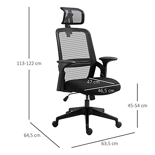 Vinsetto Silla de Oficina Ergonómica Silla Escritorio Giratoria con Altura Ajustable Reposacabezas Soporte Lumbar Regulables y Respaldo Transpirable 63,5x64,5x113-122 cm Negro