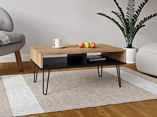 Viosimc Mesa de centro para salón, efecto roble y negro, mesa auxiliar industrial rectangular con elegantes patas de metal, elegante mesa central moderna (roble - negro)