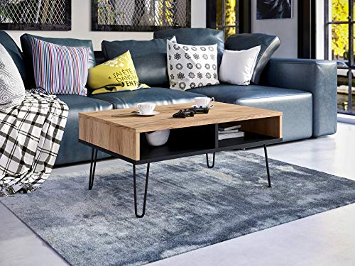 Viosimc Mesa de centro para salón, efecto roble y negro, mesa auxiliar industrial rectangular con elegantes patas de metal, elegante mesa central moderna (roble - negro)