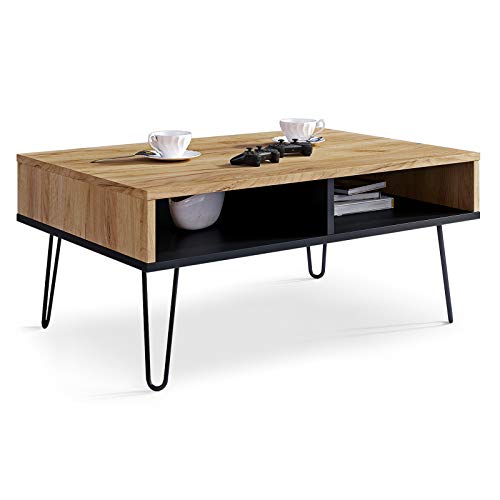 Viosimc Mesa de centro para salón, efecto roble y negro, mesa auxiliar industrial rectangular con elegantes patas de metal, elegante mesa central moderna (roble - negro)