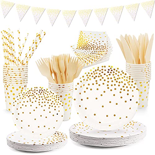 VIPNAJI Platos Cumpleaños Blanco 176 PCs Platos Vasos Servilletas Cubiertos Bandera Pajitas ​para Fiesta Boda Despedida de Soltera Aniversario Platos Navidad Blanco y Dorados(25 Invitados)