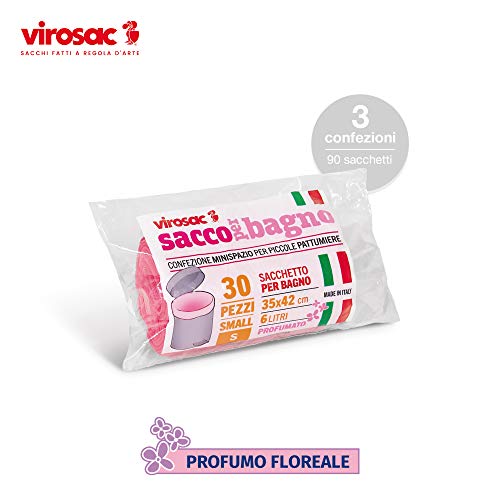 Virosac SaccoBagno - Bolsas pequeñas ideales para los cubos de basura del baño Perfume floral – 90 bolsas rosa medida 35 x 42 cm