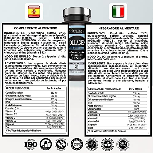 Vittalogy. Collagen Premium. Suplemento Natural De Colágeno Hidrolizado Marino Con Ácido Hialurónico, Magnesio, Coenzima Q10 Y Vitaminas A, B12, C Y D. 120 Cápsulas.