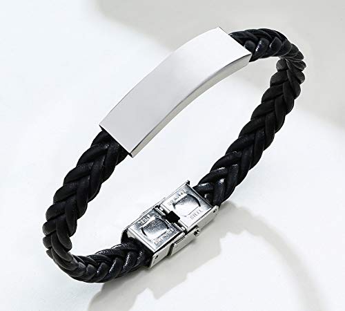 VNOX Pulsera de alerta médica de cuero de acero inoxidable personalizable, pulsera de piel médica Star of Life para hombres y mujeres, 21,5 cm, ajustable,