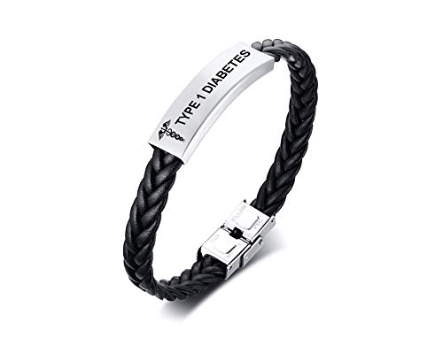 VNOX Pulsera de alerta médica de cuero de acero inoxidable personalizable, pulsera de piel médica Star of Life para hombres y mujeres, 21,5 cm, ajustable,