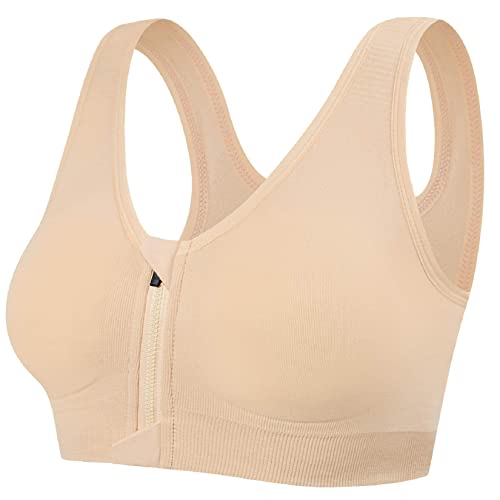 Voqeen Sujetador Deportivo Mujer con Cremallera Frontal de Alto Impacto Sexy Push Up con Almohadillas Extraíbles Bra Deporte de Diaria Slim Fit sin Aros de Acero Chaleco (Piel, L)