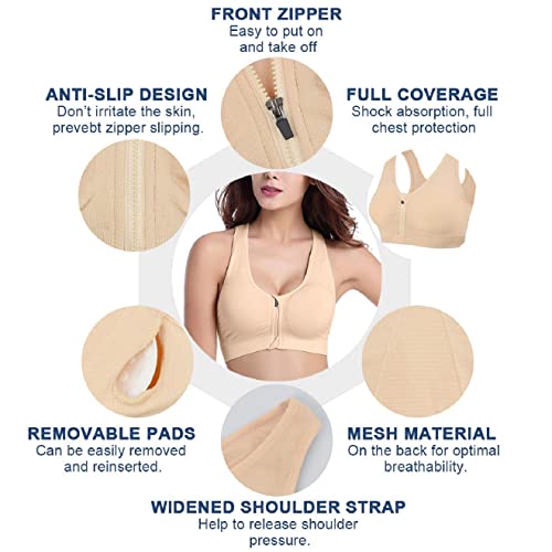 Voqeen Sujetador Deportivo Mujer con Cremallera Frontal de Alto Impacto Sexy Push Up con Almohadillas Extraíbles Bra Deporte de Diaria Slim Fit sin Aros de Acero Chaleco (Piel, L)