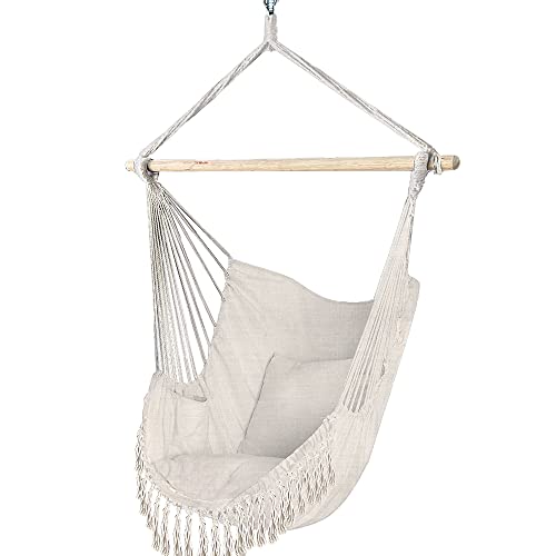 VOUNOT Silla Colgante Exterior con Flecos, Silla Hamaca Columpio de Algodón con 2 Cojines, Barra Separadora de Madera, Hamaca Portátil para Interior y Exterior, Beige