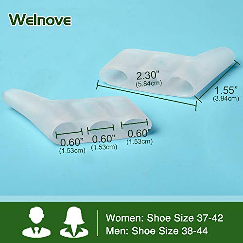 Welnove - Separadores de dedos de gel para dedos girados, con tres agujeros para dedos girados, dedos superpuestos, ampollas, alivio del dolor de la fricción