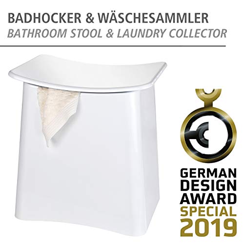 WENKO Taburete Wing blanco - Contenedor para la ropa sucia, taburete para el baño con bolsa extraíble para la ropa Capacidad: 33 l, Plástico (ABS), 45 x 48 x 33 cm, Blanco