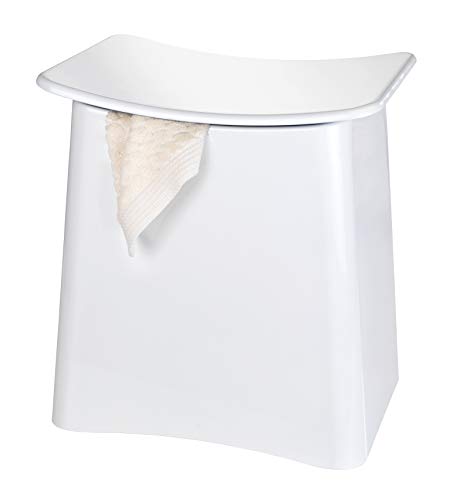 WENKO Taburete Wing blanco - Contenedor para la ropa sucia, taburete para el baño con bolsa extraíble para la ropa Capacidad: 33 l, Plástico (ABS), 45 x 48 x 33 cm, Blanco