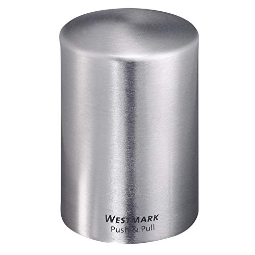 Westmark Abrebotellas automático/elevador de tapas, Para abrir botellas con tapa tipo chapa, Aluminio satinado, Push&Pull, Plateado, 5.3 x 5.3 x 8 cm