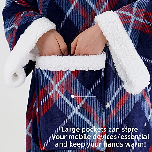 Winthome Manta acogedora con Mangas, Manta Sherpa Warm con Mangas y Bolsillo, Manta Hugz de 140x180 cm para Mujeres Adultas Unisex (Azul Cuadrado)