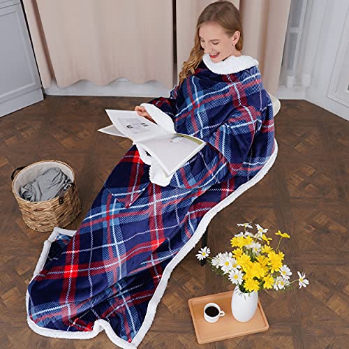 Winthome Manta acogedora con Mangas, Manta Sherpa Warm con Mangas y Bolsillo, Manta Hugz de 140x180 cm para Mujeres Adultas Unisex (Azul Cuadrado)