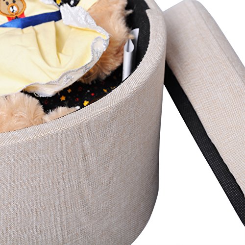 WOLTU Taburete Redondo Puff Caja de Almacenamiento Taburete de Almacenamiento Asiento para Dormitorio Tapa Extraíble Asiento de Lino/Terciopelo con Patas Madera Maciza (Crema, Lino)
