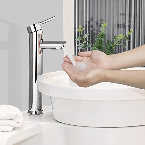 WOOHSE Mezclador Grifo de Lavabo Baño Monomando con Caño alto Altura 21cm, Grifo de agua Fría y Caliente, Cromado, cromo
