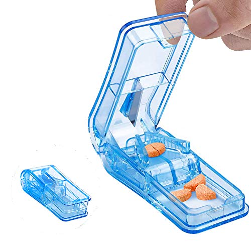 XCOZU Cortador Pastillas Portátil con Hoja de Acero Inoxidable para Pequeñas Píldoras y Píldoras Grandes, Cortador de Pastillas 2 en 1 con Caja Pastillas, Azul Transparente