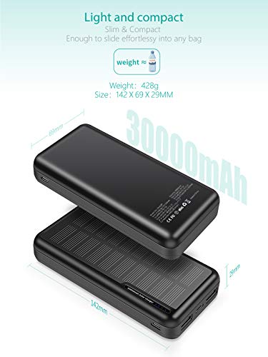 Xiyihoo Power Bank Solar 30000mAh,Cargador Solar Portatil con 2 Salidas USB y Ingreso Micro USB USB-C,Cámping Batería Externa Moviles Compatible con iPhone, Samsung Galaxy, Huawei, Xiaomi