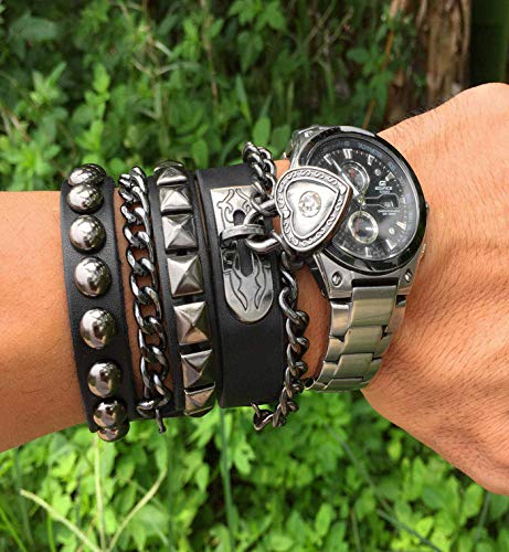 Y-blue Pulsera multicapa con remaches punk, con múltiples círculos, de piel auténtica 9.1 inches negro