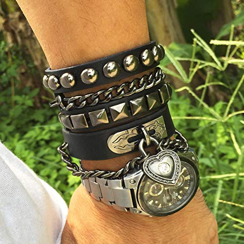 Y-blue Pulsera multicapa con remaches punk, con múltiples círculos, de piel auténtica 9.1 inches negro
