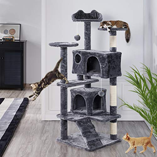 Yaheetech Árbol Rascador para Gatos con Plataforma Torre Escalador para 1-3 Gatos Medianos con Bolas 50x50x130cm Gris Oscuro