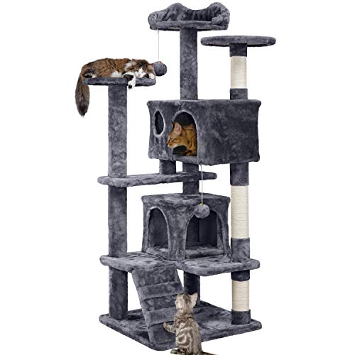 Yaheetech Árbol Rascador para Gatos con Plataforma Torre Escalador para 1-3 Gatos Medianos con Bolas 50x50x130cm Gris Oscuro