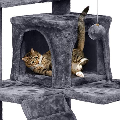 Yaheetech Árbol Rascador para Gatos con Plataforma Torre Escalador para 1-3 Gatos Medianos con Bolas 50x50x130cm Gris Oscuro