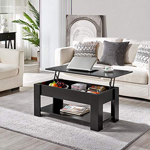 Yaheetech Mesa Centro Elevable y Extensible Mesa Centro Madera Lacada para Salon Mesa Cafe Múltifuncional con Revistero de Estilo Moderno Negro 98x50x(42-55,5) cm