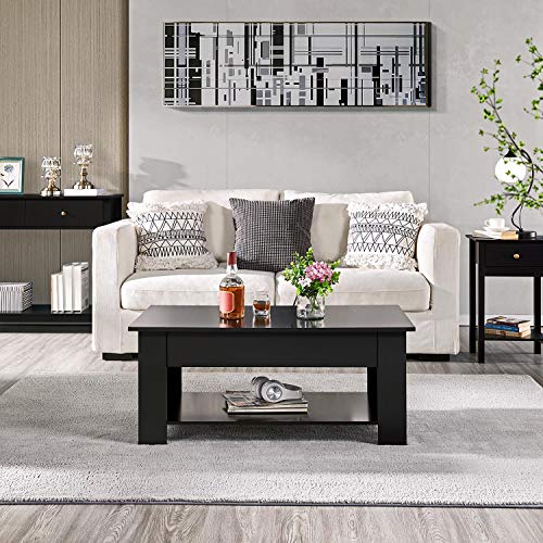 Yaheetech Mesa Centro Elevable y Extensible Mesa Centro Madera Lacada para Salon Mesa Cafe Múltifuncional con Revistero de Estilo Moderno Negro 98x50x(42-55,5) cm