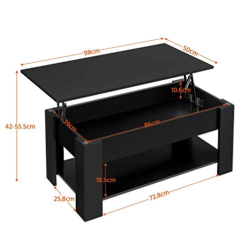 Yaheetech Mesa Centro Elevable y Extensible Mesa Centro Madera Lacada para Salon Mesa Cafe Múltifuncional con Revistero de Estilo Moderno Negro 98x50x(42-55,5) cm