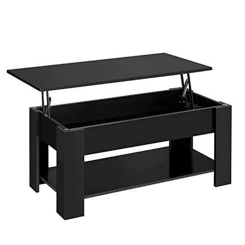 Yaheetech Mesa Centro Elevable y Extensible Mesa Centro Madera Lacada para Salon Mesa Cafe Múltifuncional con Revistero de Estilo Moderno Negro 98x50x(42-55,5) cm